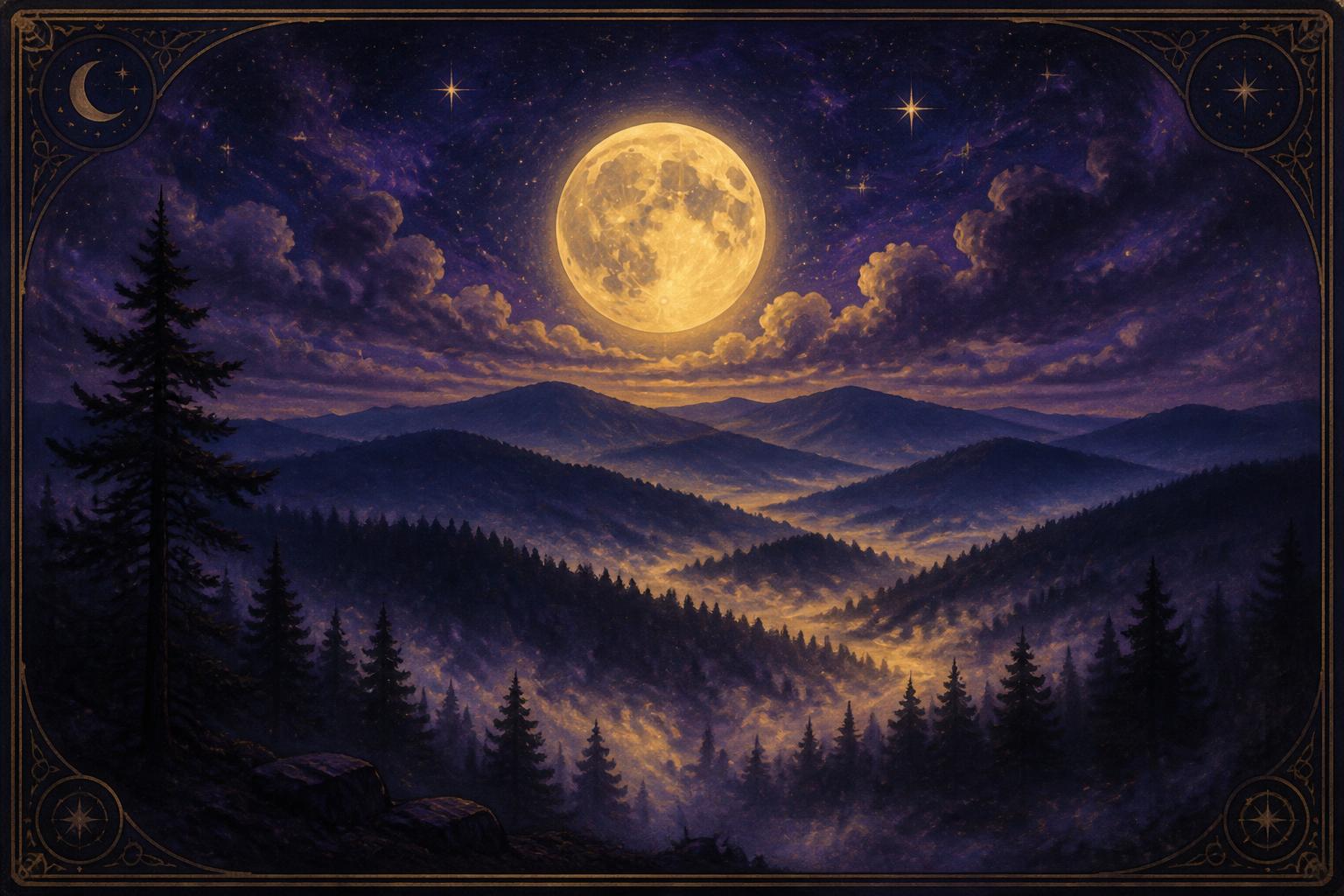 Full moon rising over misty Catskill mountains